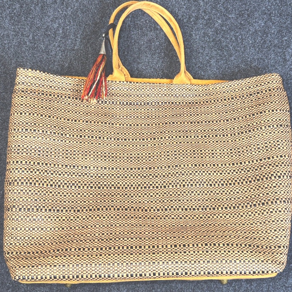 Atenti USA Made Woven Tote Bag Tan Black Vegan Leather‎ Tassel Large Handmade